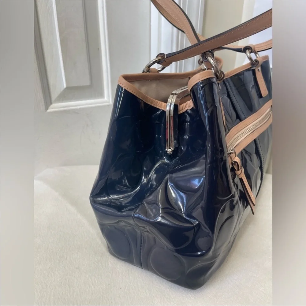 Coach Peyton Signature Embossed Blue Patent Leather Tote